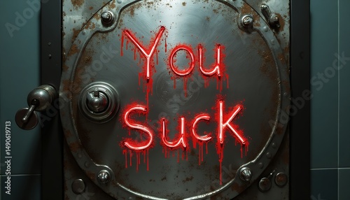 Rusty Metal Door: Gory 'You Suck' Neon Inscription
