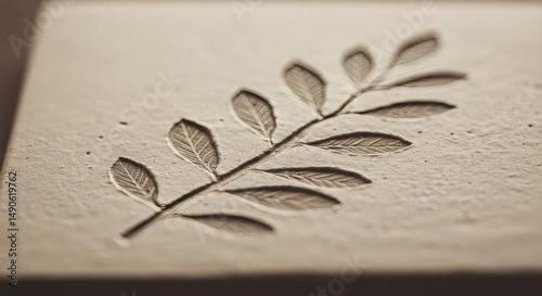 Closeup of leaf branch imprint on beige clay tile for botanical art and nature inspired home decor ideas
