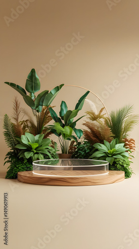 Botanical and Tropical Interior with Arches Podiums. Generative By Ai