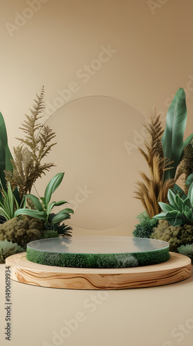 Botanical and Tropical Interior with Arches Podiums. Generative By Ai