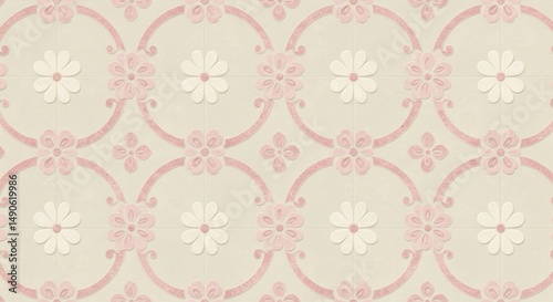Seamless floral pattern design with pink flowers and circles for backgrounds and textiles design