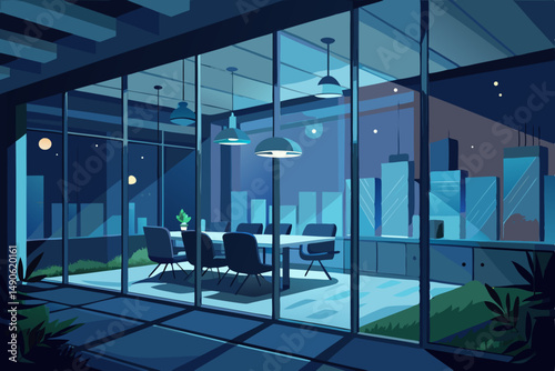 High-end modern office meeting room with floor-to-ceiling glass windows offering a panoramic city skyline view. The stylish interior features a large wooden conference table, contemporary leather chai