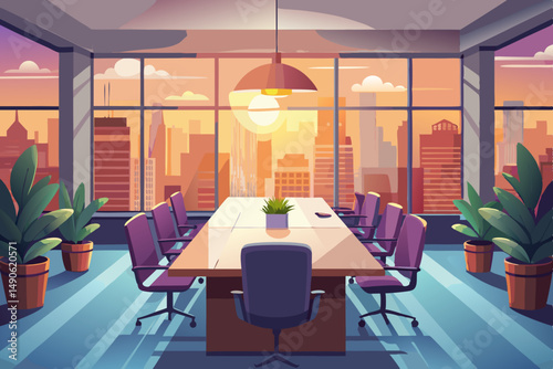 High-end modern office meeting room with floor-to-ceiling glass windows offering a panoramic city skyline view. The stylish interior features a large wooden conference table, contemporary leather chai