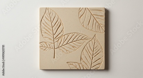 Beige tile with leaf design nature inspired wall art home decor botanical print minimalist style art piece