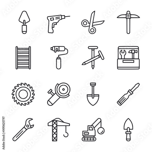 Outlined construction tools convey building concept