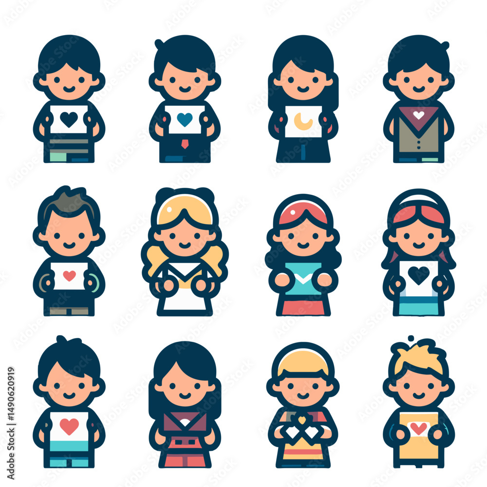 Set of grateful children icons showcasing diverse emotions and expressions in a flat design