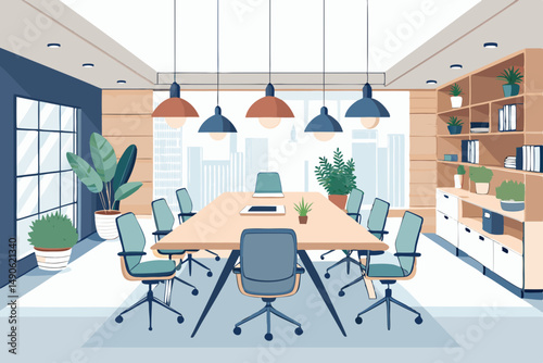 High-end modern office meeting room with floor-to-ceiling glass windows offering a panoramic city skyline view. The stylish interior features a large wooden conference table, contemporary leather chai