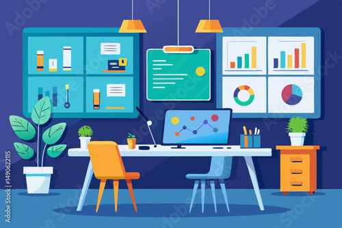 High-end modern office meeting room with floor-to-ceiling glass windows offering a panoramic city skyline view. The stylish interior features a large wooden conference table, contemporary leather chai