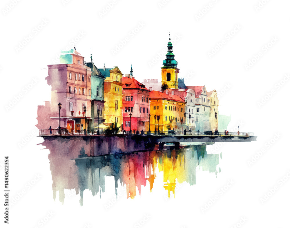 Fototapeta premium Colorful waterfront buildings in a vibrant cityscape scene, cut out transparent