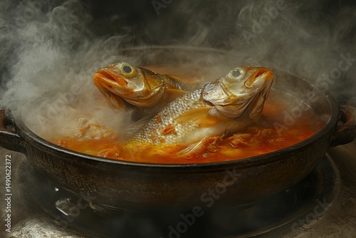 sizzling szechuan chili oil with red dried peppers and spicy soup base, spicy yellow croaker fish 