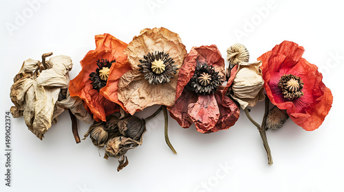 A stunning arrangement of dried poppy flowers in various shades of orange, red, and beige, showcasing their unique beauty and texture.