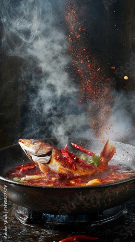 sizzling szechuan chili oil with red dried peppers and spicy soup base