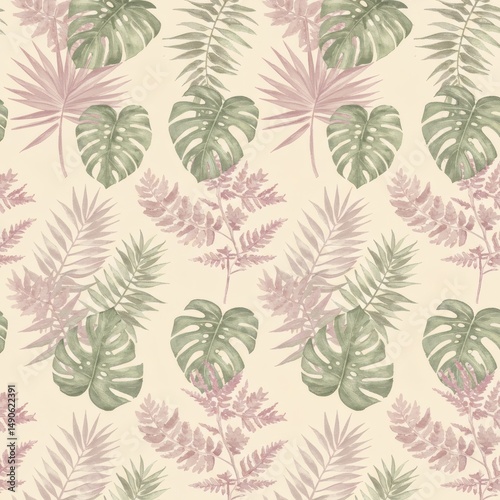 Seamless Botanical Vector Pattern Featuring Hand-Drawn Tropical Leaves in A Soft Pastel Watercolor Style For Wallpapers, Packaging, Textiles, and Surface Design