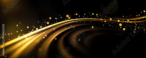 Abstract golden light trails meander gracefully across a dark expanse, accompanied by soft, glowing bokeh particles. This dynamic interplay creates a magical, flowing, and festive visual effect.