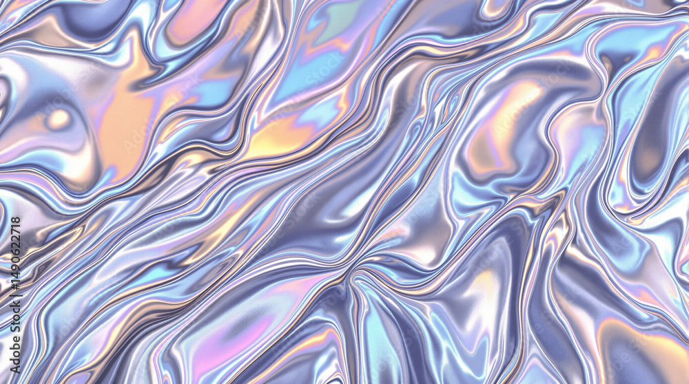 Fototapeta premium Liquid Metallic Surface with Iridescent Sheen: An elegant image showcasing a fluid metallic surface, adorned with an iridescent sheen that shimmers with a spectrum of colors.