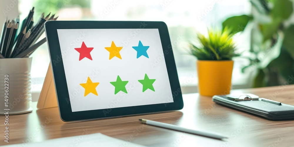 Fototapeta premium Tablet on modern desk displaying evaluation scores Stock photo