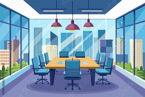 High-end modern office meeting room with floor-to-ceiling glass windows offering a panoramic city skyline view. The stylish interior features a large wooden conference table, contemporary leather chai