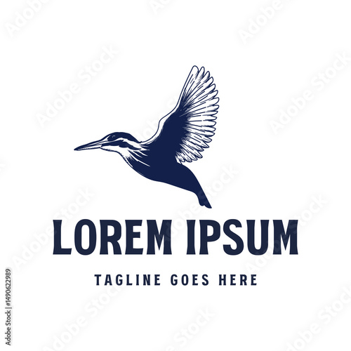 Vintage Retro Spread Wings Flying Kingfisher Bird Graphic Illustration