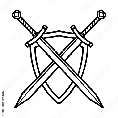 classic medieval european twin crossed realistic swords with shield armor heraldry line drawing symbol vector