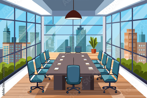 High-end modern office meeting room with floor-to-ceiling glass windows offering a panoramic city skyline view. The stylish interior features a large wooden conference table, contemporary leather chai