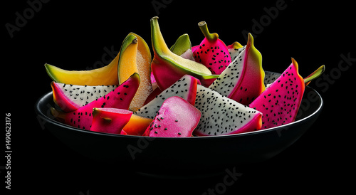 Uma imagem impressionante de fatias vibrantes de pitaya dispostas lindamente em uma tigela preta, destacando as cores vivas e o apelo exótico desta fruta tropical photo