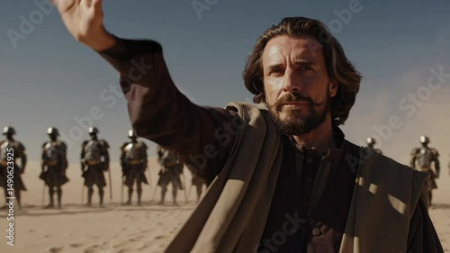 Medieval leader commands armored soldiers in desert march with gesturing hand