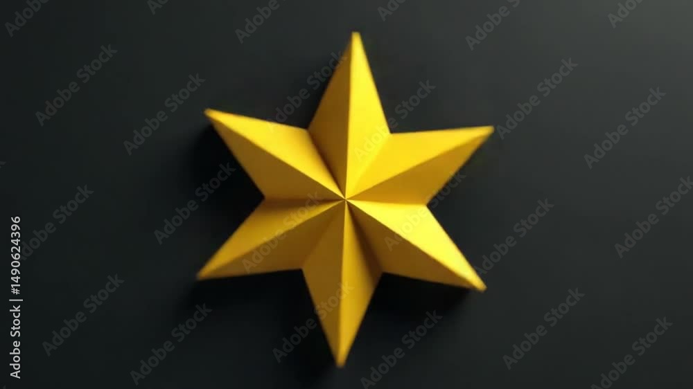Yellow slim spin octagonal star simple flat geometric on dark grey black background loop.