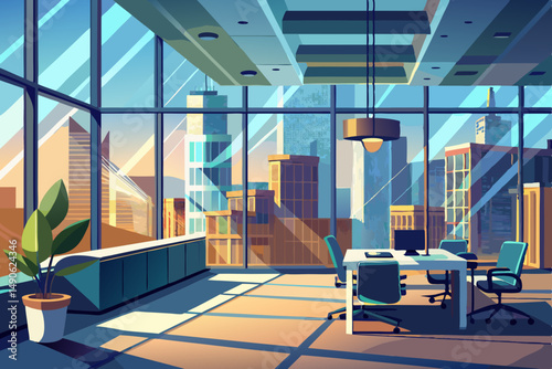 High-end modern office meeting room with floor-to-ceiling glass windows offering a panoramic city skyline view. The stylish interior features a large wooden conference table, contemporary leather chai