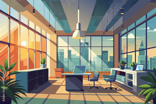 High-end modern office meeting room with floor-to-ceiling glass windows offering a panoramic city skyline view. The stylish interior features a large wooden conference table, contemporary leather chai