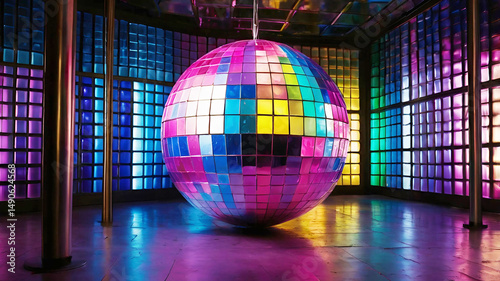Disco ball in vibrant multicolored room with glowing panels creates a dazzling party atmosphere perfect for nightlife designs