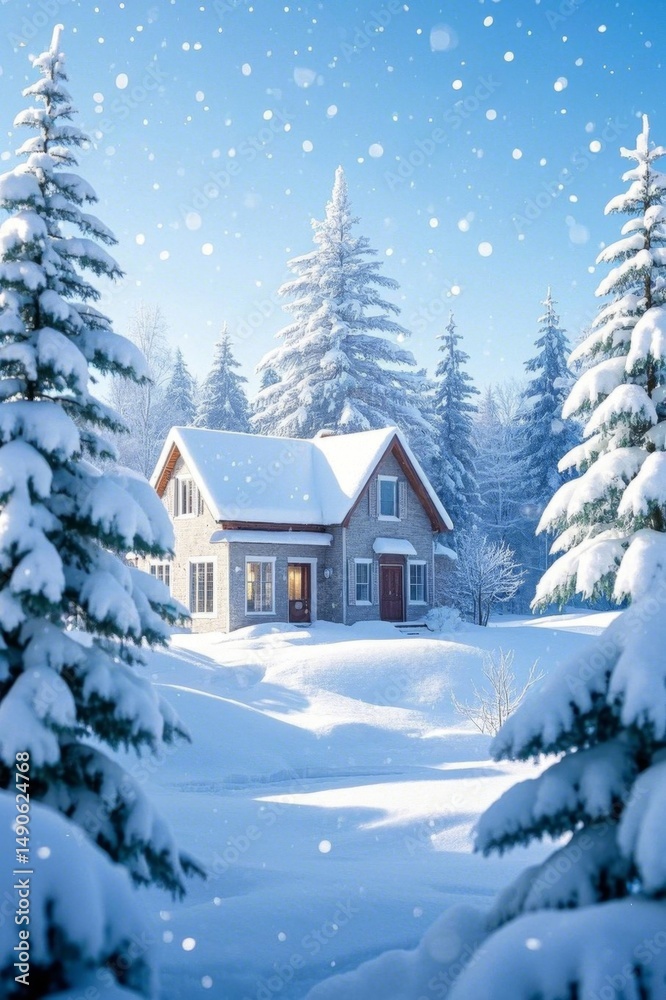 snowy house in the woods with snow falling down snowy house in the woods with snow falling down