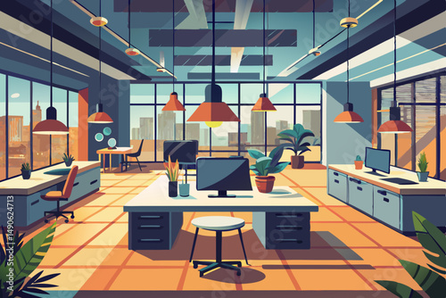 High-end modern office meeting room with floor-to-ceiling glass windows offering a panoramic city skyline view. The stylish interior features a large wooden conference table, contemporary leather chai
