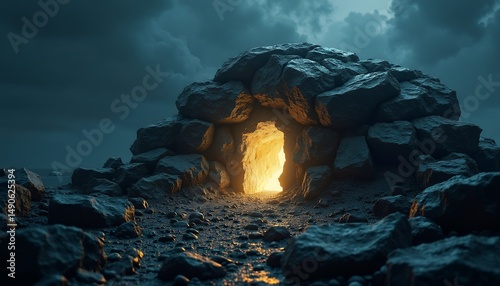 Mysterious Cave Entrance: Glowing Light in Dark Rockscape
