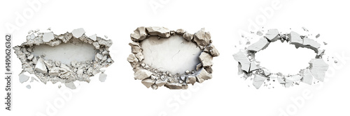 Three Cracked Wall Holes Set. Construction And Demolition Concept Collection Isolated On Transparent Background