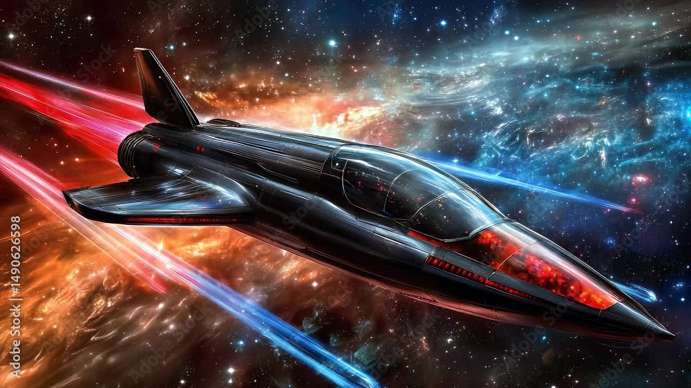 Futuristic black spaceship soaring through vibrant cosmic space, with colorful light trails and distant stars in the background