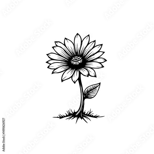 Elegant monochrome floral illustration featuring a stylized daisy design element