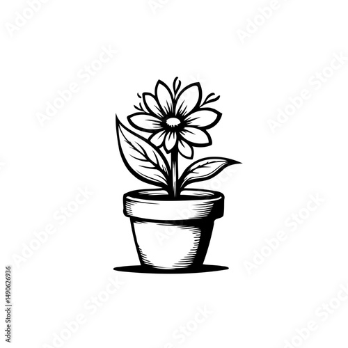 Stylized Floral Illustration: A Detailed Hand-Drawn Flower in a Simple Pot