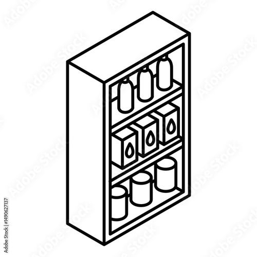 Tall supermarket shelf with drinks, boxes and cans. Isometric vector icon. Editable stroke.