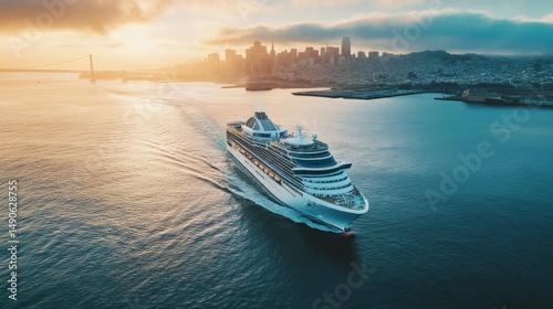 A white ferry cruising on blue water with San Francisco skyline in the background on a sunny day