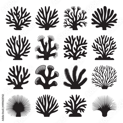 Collection of various coral reef silhouettes, perfect for marine life, nature, and underwater-themed designs or projects.