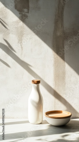 Wallpaper Mural Sunlit minimalist scene of a white milk bottle and bowl on a neutral backdrop, casting shadows Torontodigital.ca
