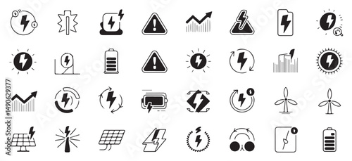 Collection of energy-related icons including electricity, battery, solar, wind power, and recycling symbols, ideal for renewable energy, technology, and sustainability projects.
