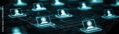 Digital illustration of networked laptops with user icons, symbolizing online connectivity and remote communication, Missing Children Day