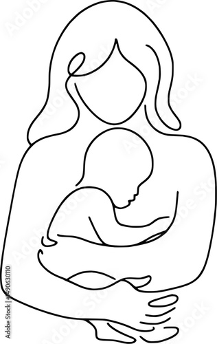 A delicate contour drawing of motherhood in one stroke, stroke one line, single line minimalist