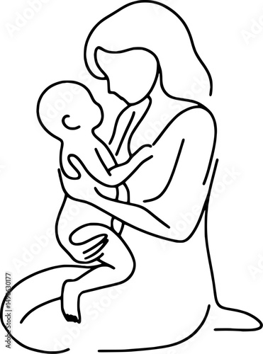 An elegant continuous outline of a mother and infant, stroke one line, single line minimalist