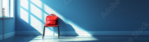 A red backpack sits on a chair in a sunlit, empty blue room with light streaming through a window, Missing Children Day