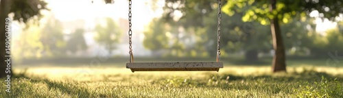 A wooden swing hangs empty in a sunlit park, surrounded by green grass and trees in the background, Missing Children Day