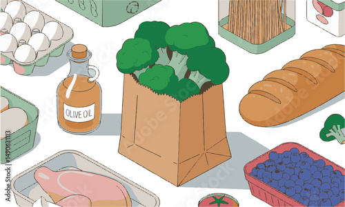 Modern vector-style illustration of various grocery items arranged neatly, easily scalable and editable.