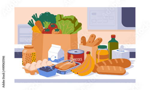 Modern vector-style illustration of various grocery items arranged neatly, easily scalable and editable.