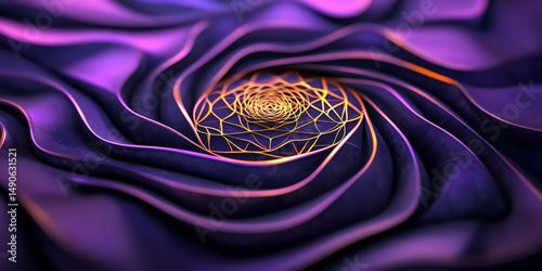 Close-up of layered spiral geometry in deep purple tones with glowing orange edges. Symbol of fractals and infinity.